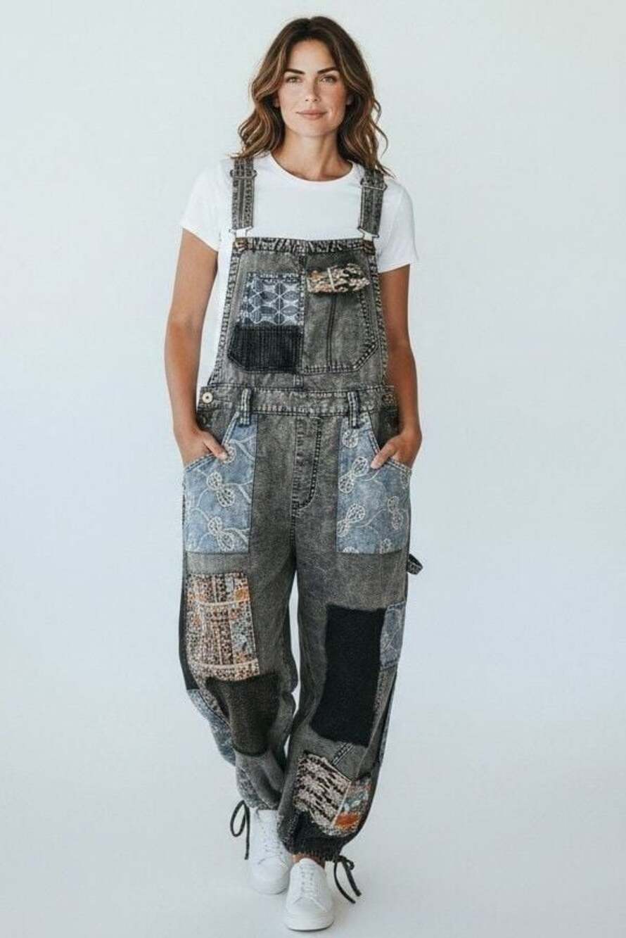 Oli & Hali Black Washed Multi Patchwork Denim Overalls Joggers Size S